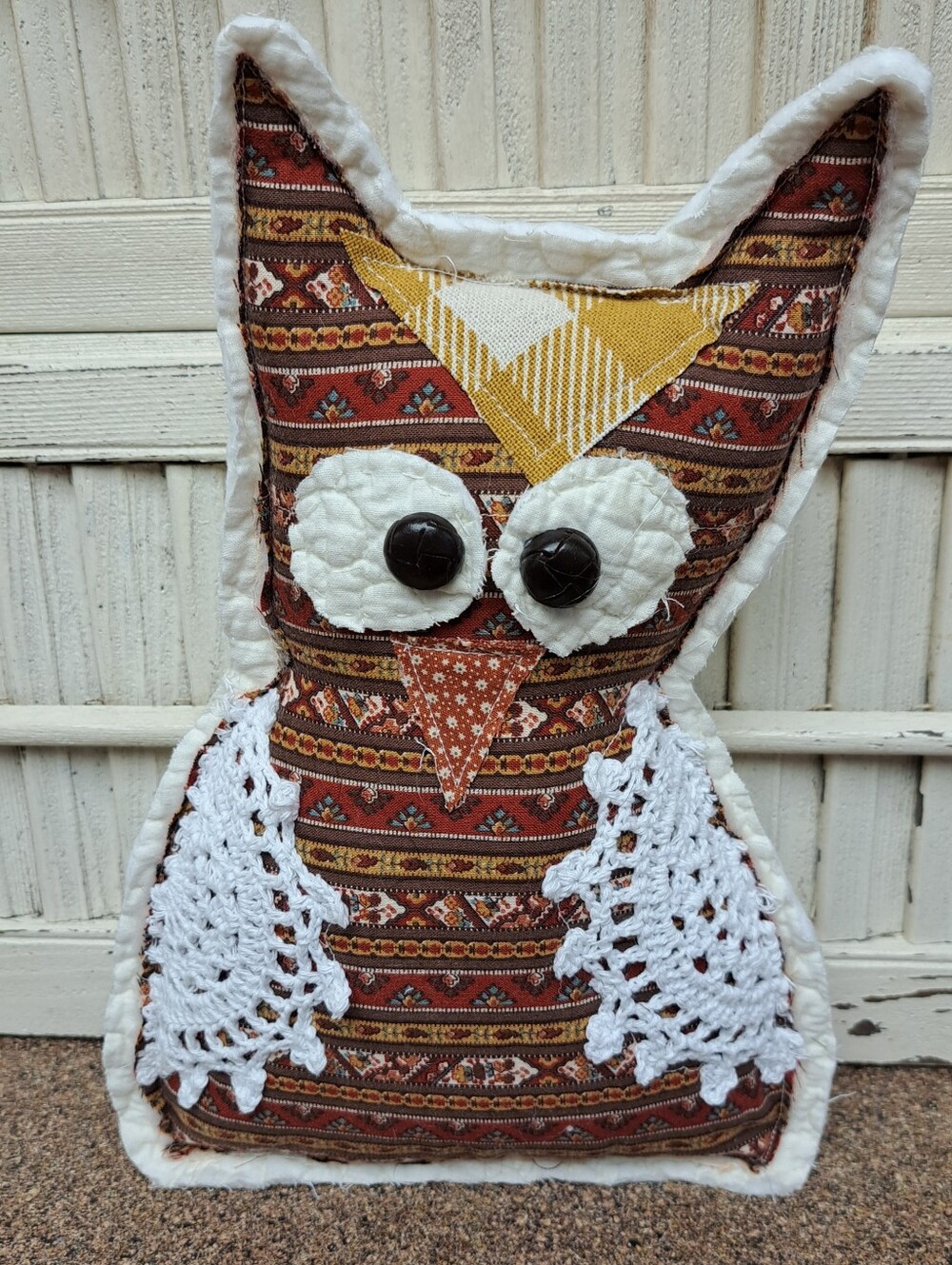 Handmade Owl Throw Pillow - Brown, White & Mustard Accents (E)